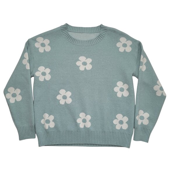 Other - Retro Daisy Floral Print Knit Sweater Crew Neck Teal Blue Girls Boho